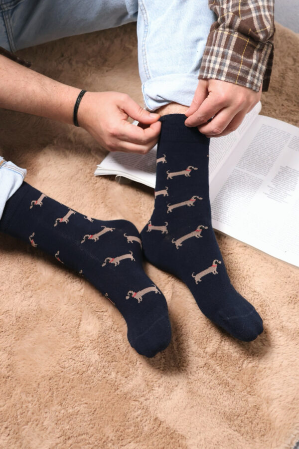 Skarpety Krystjan długie męskie Crazy Socks – Jamniki na granacie